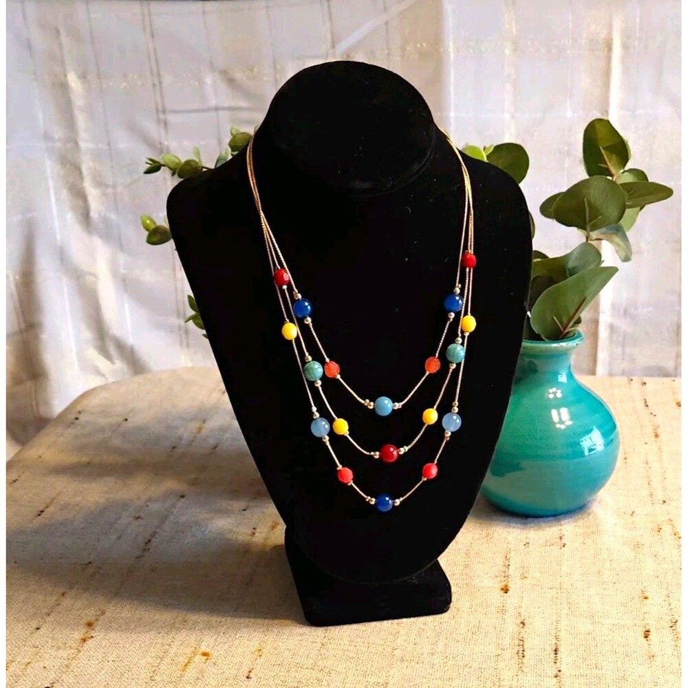 Multicolor Glass Beads 3 Strand Layered Gold Tone Cable Chain Necklace.